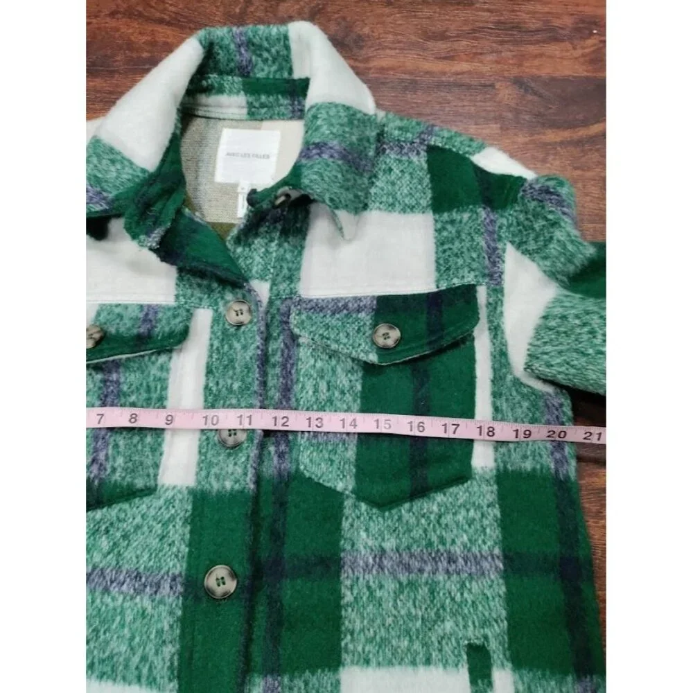 Avec Les Filles Green White Buffalo Plaid Wool Blend Shacket Overshirt - Picture 8 of 13